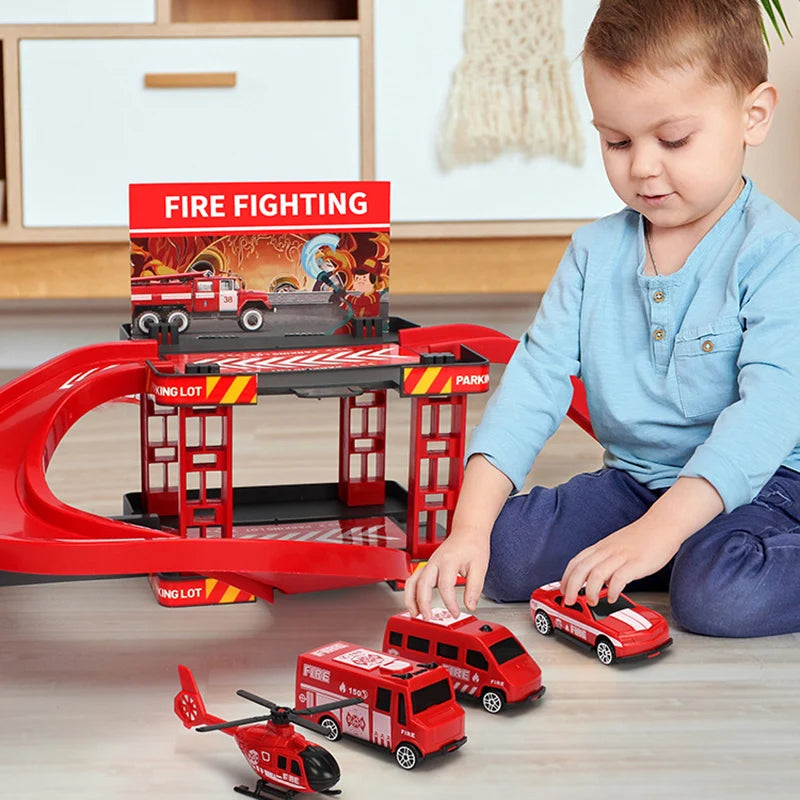 Track Parking Lot Toys Multi-Storey Rail Car Parking Building Fire Police Engineering Vehicle Car Children's Toys