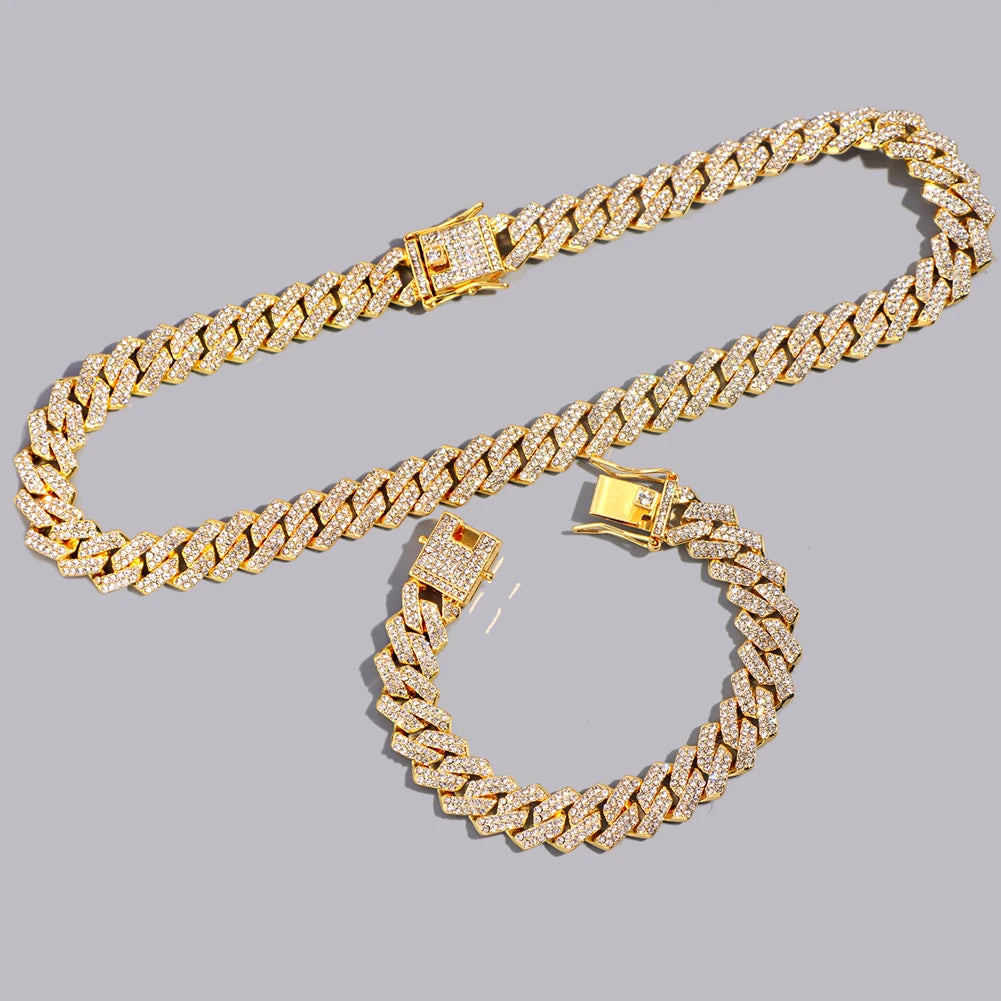 13/14/20MM HipHop Iced Out Chain Cuban Link Chain Necklace For Men Gold Silver Color Rhinestone Pave Men's Birthday Jewelry Gift