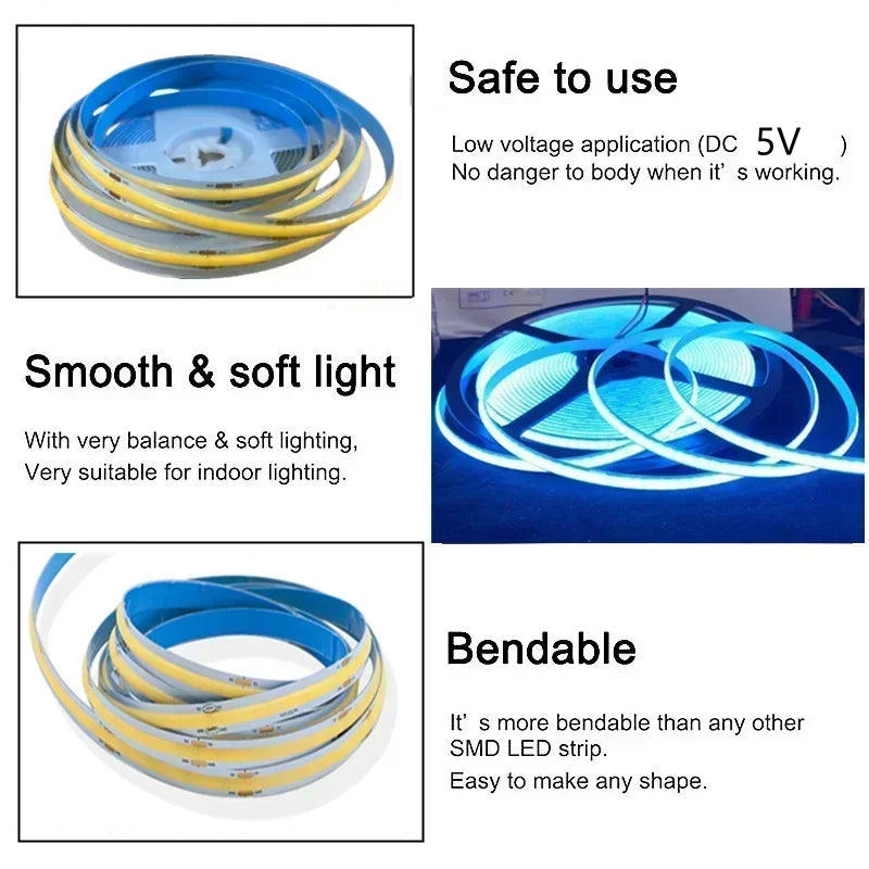 Dimmable 5V USB 5m COB LED Strip Light with Hand Scan Dimmable Touch Sensor Switch Push Switch Room TV Background Decoration