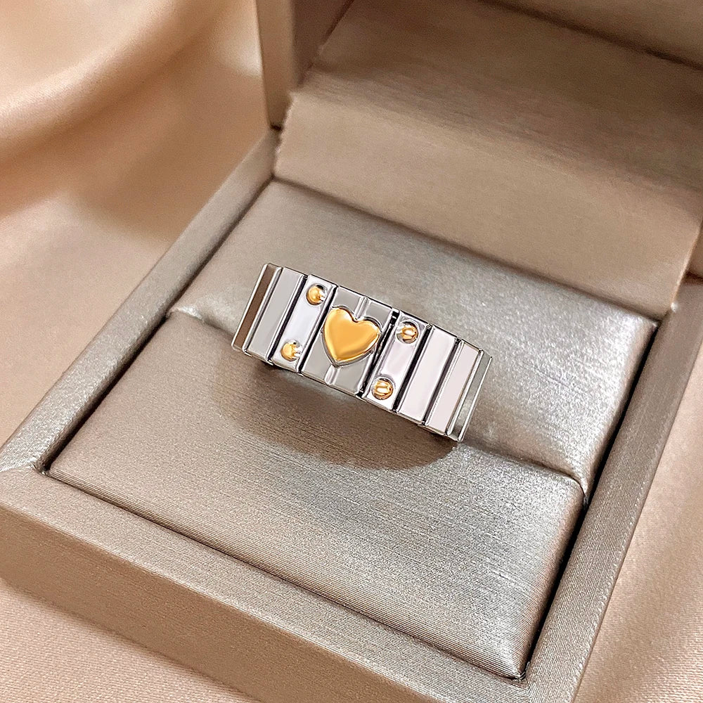Greatera Elastic Force Stainless Steel Women's Ring Heart Pattern Fashion Colorfast Wide Design Valentine's Day Gift Jewelry