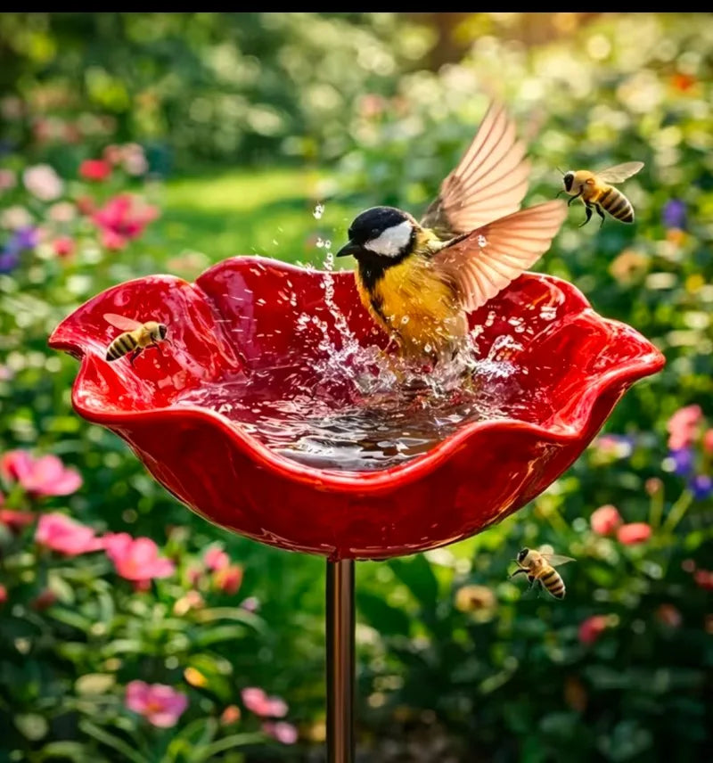 Garden Metal Flower Bird Bath Stake with Copper Bird Water Cleaner Disk Outdoor Yard Bird Water Bowl Bird Feeder Garden Ornament