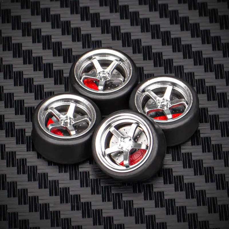 1/64 Car Model Bearing Wheels 9.8mm 10.8mm Rubber Tires W Brake Disc Caliper Axles Modify Spare Parts for 1:64 Cars