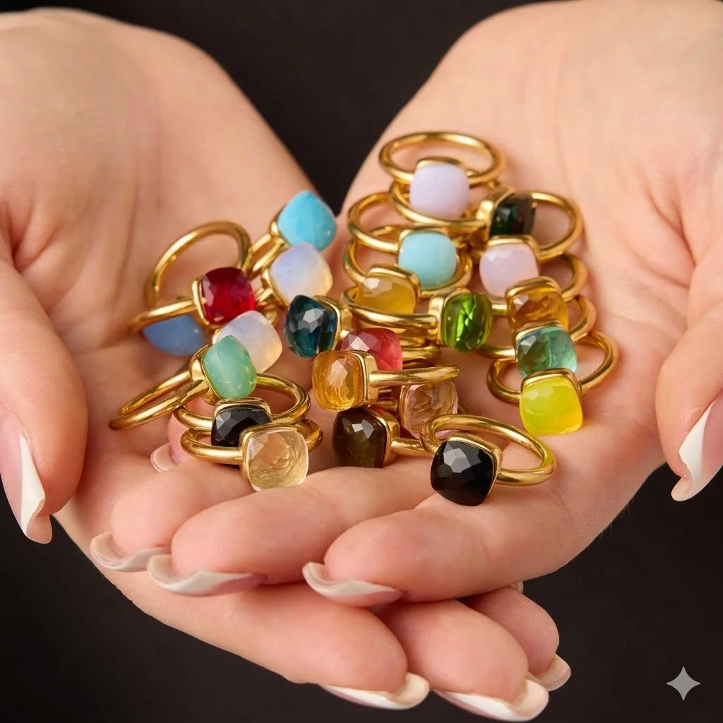 Colorful Crystal Nude Ring for Women 18K Gold Plated Stainless Steel Candy Color Square Stone Statement Rings Jewelry Gift