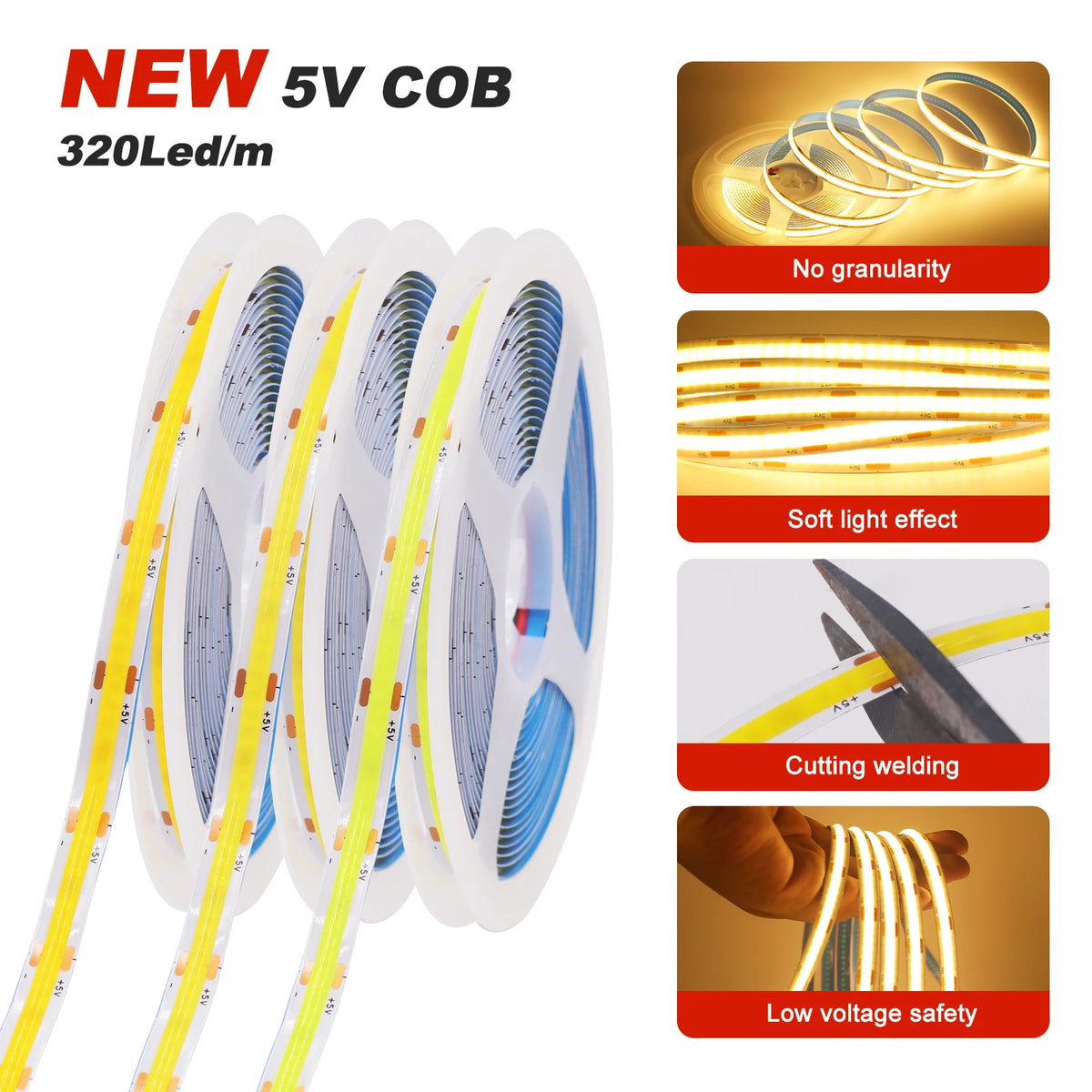 3AA Battery Box 5V COB Led Strip 8MM 320LEDs/M Warm Natural Cool White Flexible COB Strip Light for Bedroom Cabinet TV Backlight