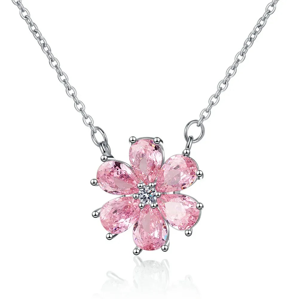 Fashion Wedding Ring for Women Pink Zircon Crystal Flower Pendant Bracelets Earrings Necklace Rings Fine Jewelry Sets FCGJHW