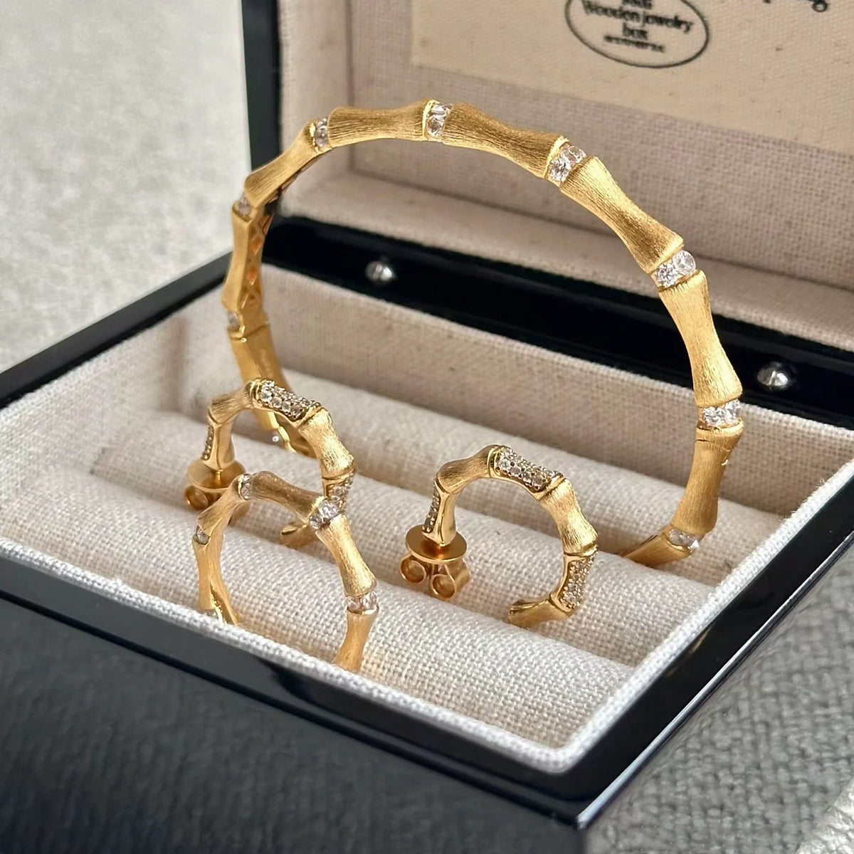 Foydjew Italian Vintage Jewelry Bamboo Design Gold Color Rings Stud Earrings Bracelets Bangles Jewelry Sets For Women