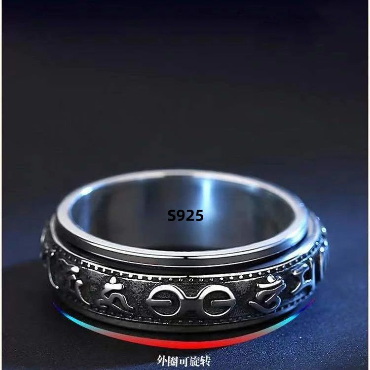 S925 Sterling Silver Ring Men Women Retro Buddhist Six-Character Great Mantra Ring Male Female Amulet Jewelry Exquisite Gift