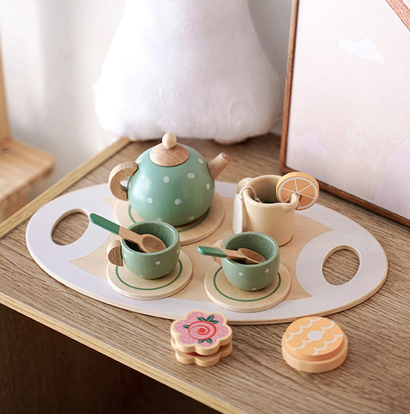 Kids Wooden Tea Set Play House Pretend Make Tea Play With Teapot Teacup Afternoon Snack Role Playing Toys Boys Girls Gift