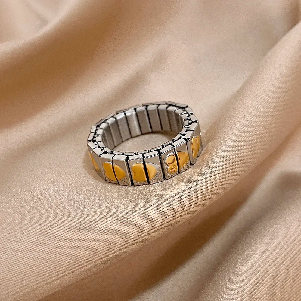 Greatera Elastic Force Stainless Steel Women's Ring Heart Pattern Fashion Colorfast Wide Design Valentine's Day Gift Jewelry