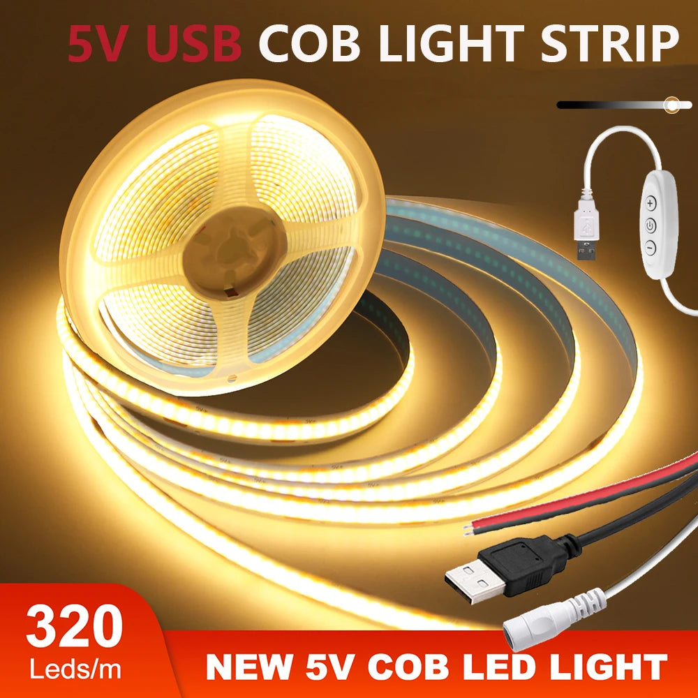 5V USB COB LED Strip Light 3Keys Touch Dimmable ON/OFF Switch Bright Red Green Blue Warm White 320LEDs Flex Ribbon Tape 8mm PCB