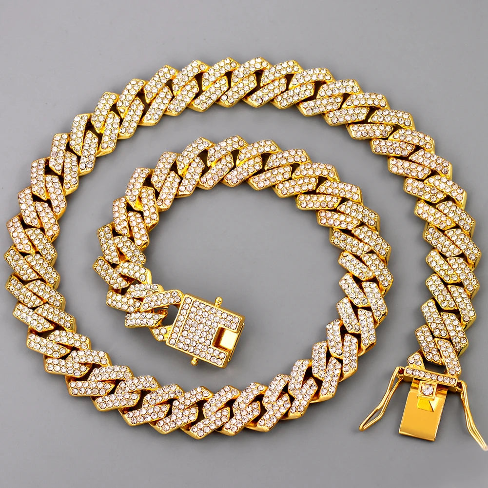 13/14/20MM HipHop Iced Out Chain Cuban Link Chain Necklace For Men Gold Silver Color Rhinestone Pave Men's Birthday Jewelry Gift