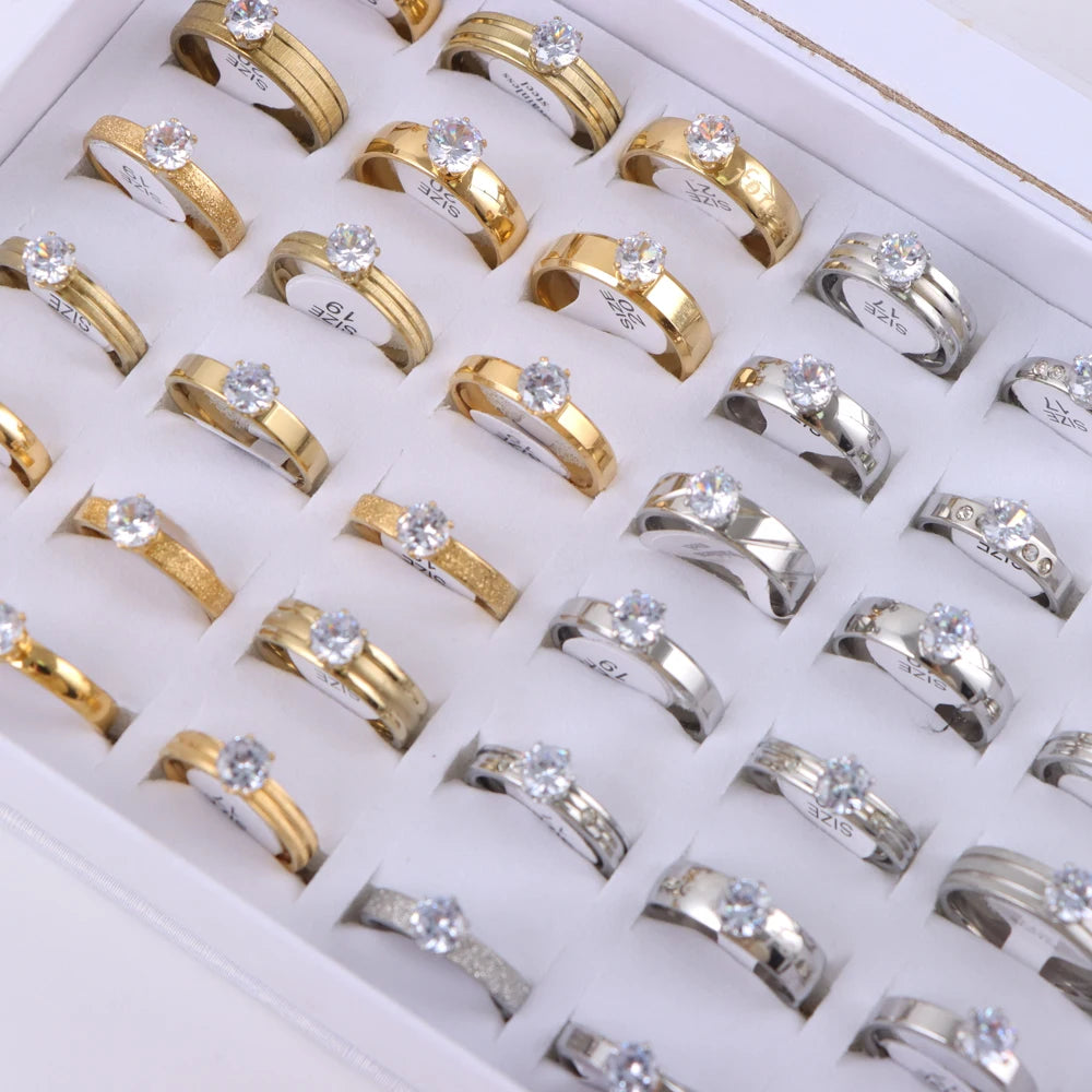 10/20/30/50Pcs/Lot Fashion Elegant Inlaid Stainless Steel Ring With Rhinestone High-end Women's Proposal Engagement Jewelry Gift