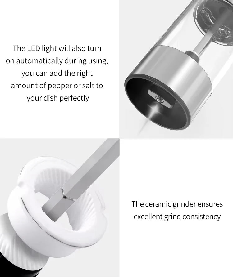 USB Rechargeable Automatic Pepper Grinder Salt And Pepper Mill Adjustable Coarseness Spice Grinder with LED Light for Kitchen