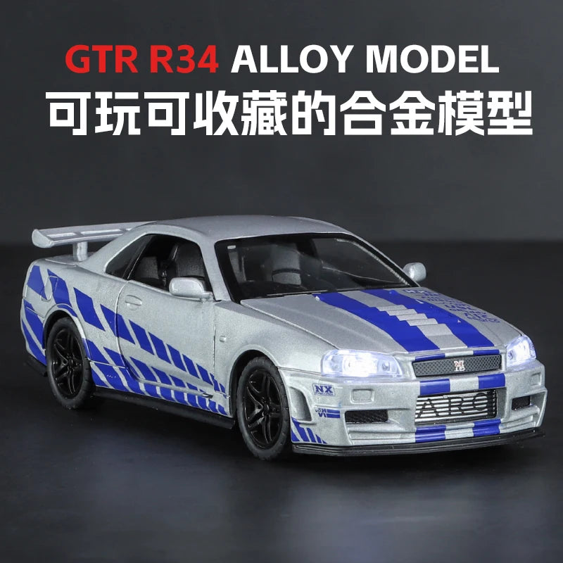 1:32 Scale GTR R34 R35 Diecast Model Alloy Toy Sport Cars Sound Light Pull Back high simulation Kid Birthday Gift Collect