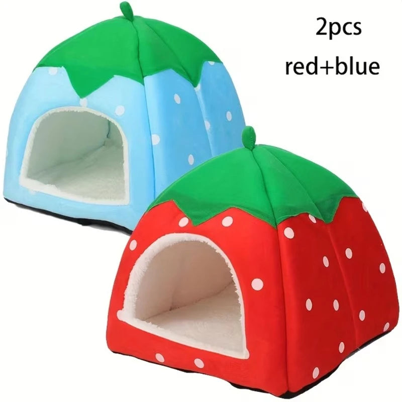 All-Season Removable and Washable Guinea Pig Rabbit Small Pet Warm Hideout VillaType Semi-Enclosed Strawberry Nest Small Pet Bed