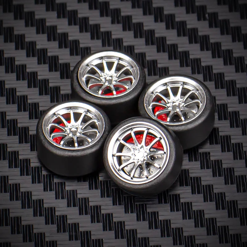 1/64 Car Model Bearing Wheels 9.8mm 10.8mm Rubber Tires W Brake Disc Caliper Axles Modify Spare Parts for 1:64 Cars