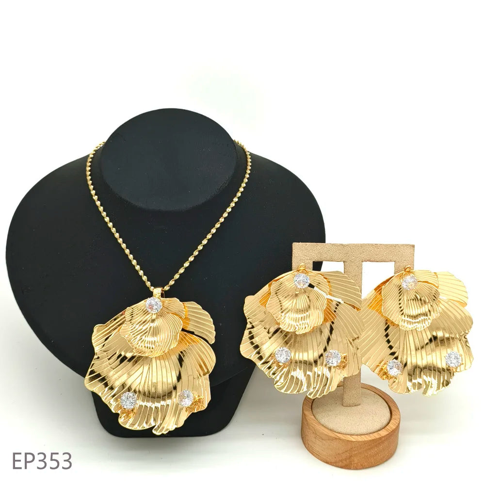 Fashion Dubai Jewelry Sets Gold Color Pendant Copper Classic Earrings Necklace For Women Daily Wear Party Anniversary Gifts