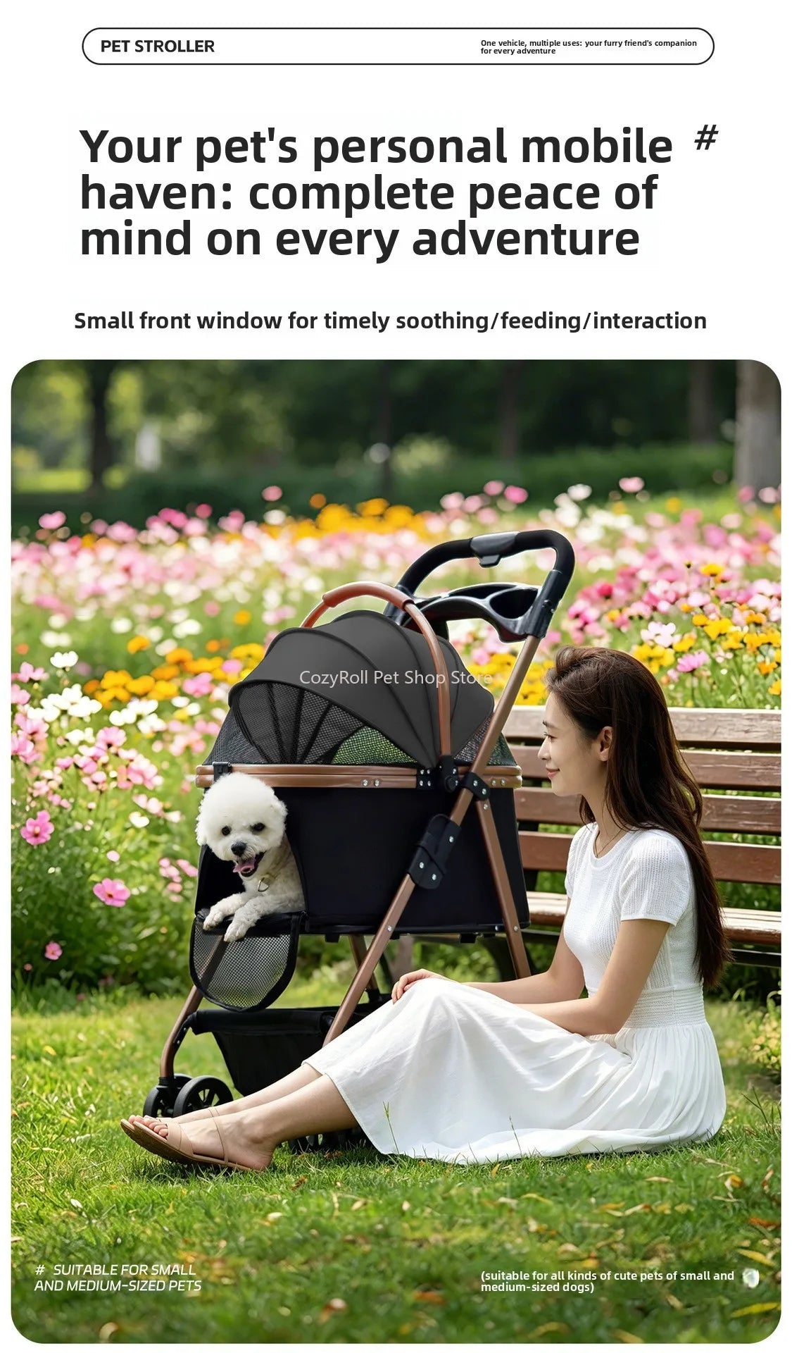 Lightweight Small Pet Stroller for Dogs & Cats 50 Lbs Capacity Aluminum Alloy Puppy Stroller with Detachable Storage Basket