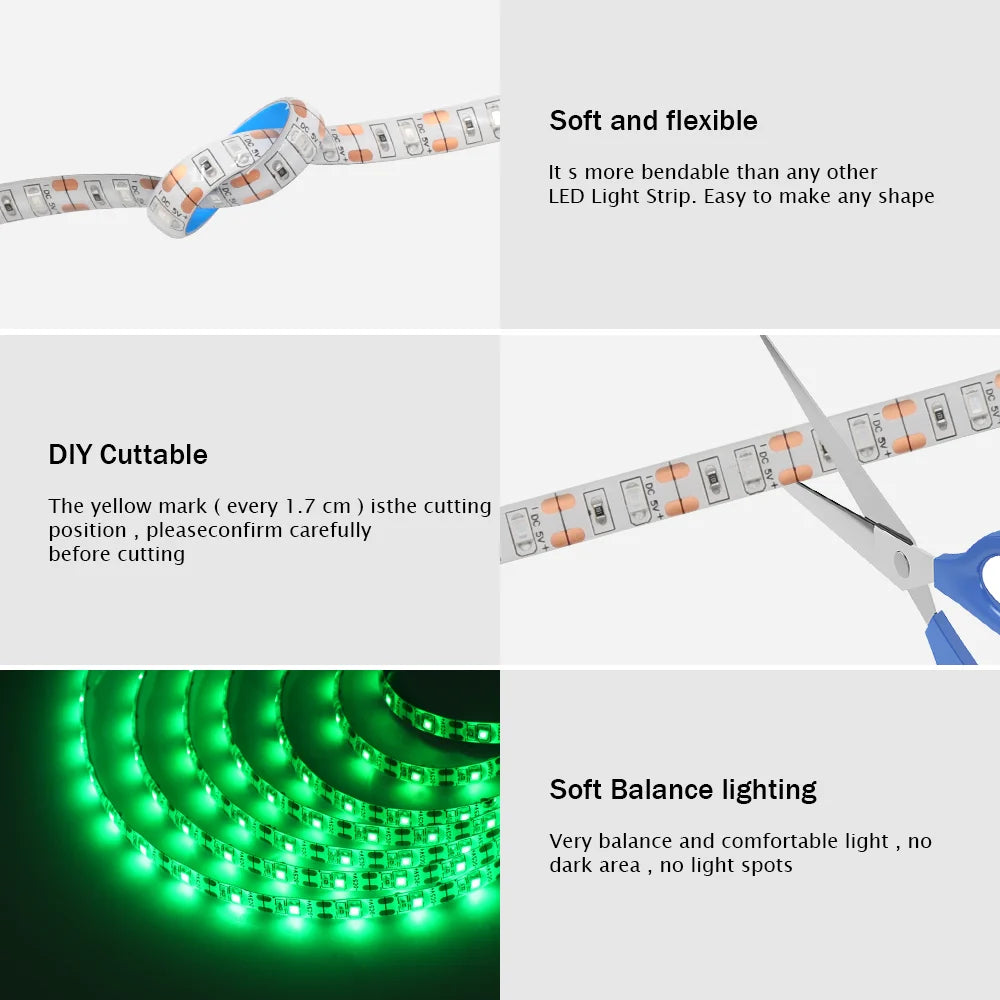 3AA Battery Powered LED Strip 5V 2835 SMD 60LEDs/m Waterproof Flexible LED Tape TV Backlight Warm White Red Green Ice Blue Pink