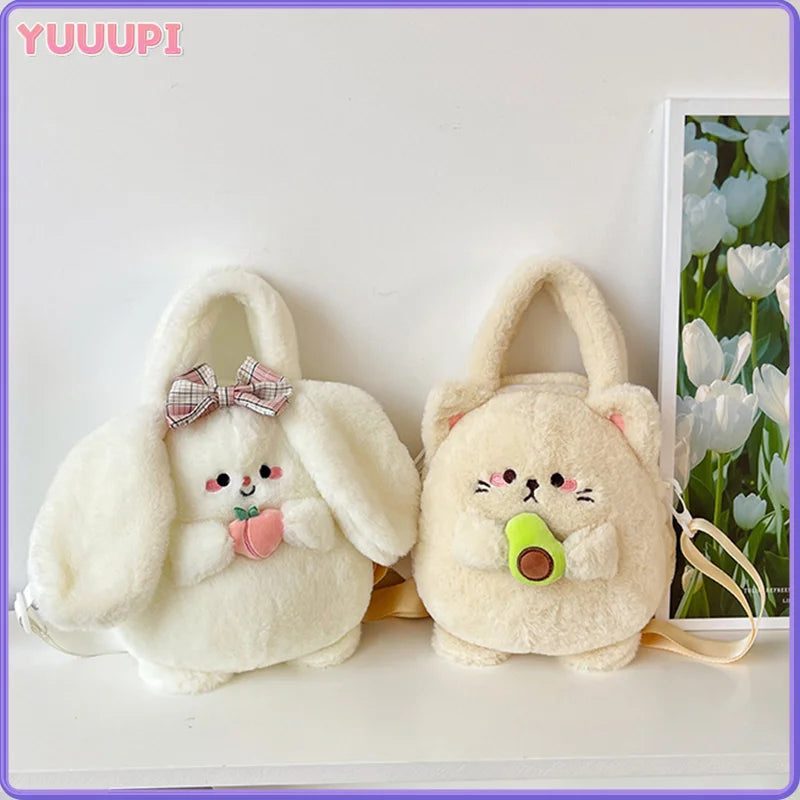 New Rabbit Kitten Plush Toy Backpack Stuffed Animal Rabbit Hold Peach Cat Hold Avocado Portable Shoulder Bag Girl Birthday Gifts
