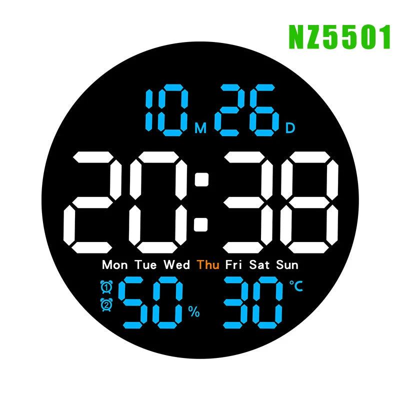 LED Wall Clock with Dual Alarms, Calendar and Temperature Display for Home Decoration. Brightness Adjustable