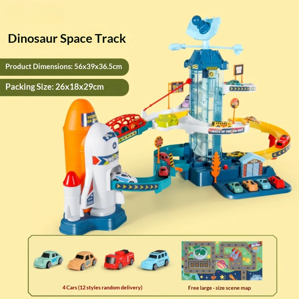 Light Up Space Rocket Shuttle Track Playset Multi Layer Orbital Adventure Obstacle Race Car Parking Garage Toy Ideal Gift