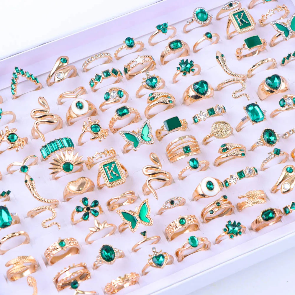 10/20/30/50/100Pcs/Lot Retro Punk Bohemian Rhinestone Carve Rings For Women Mix Style Jewelry Party Gifts Accessories Wholesale