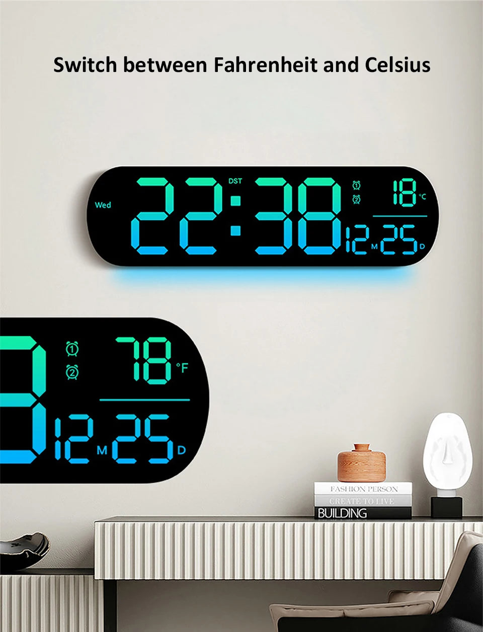 LED Luminous Digital Wall Clock With Remote Control Ambient Lights 14'' Creative RGB Alarm Clock  Date Temp Display  Home Decor