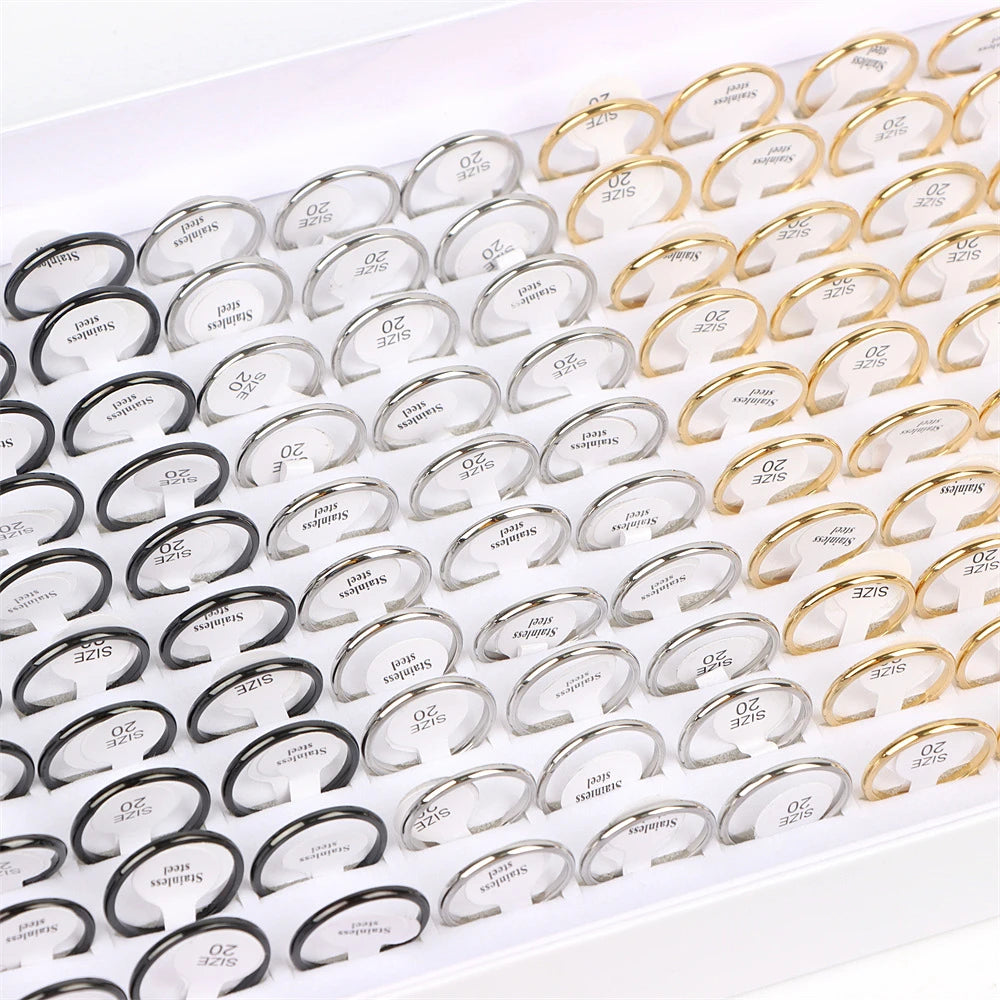 100Pcs/lot Fashion Smooth Stainless Steel Rings For Women Men Width 2-8mm Simple Lovers Jewelry Party
