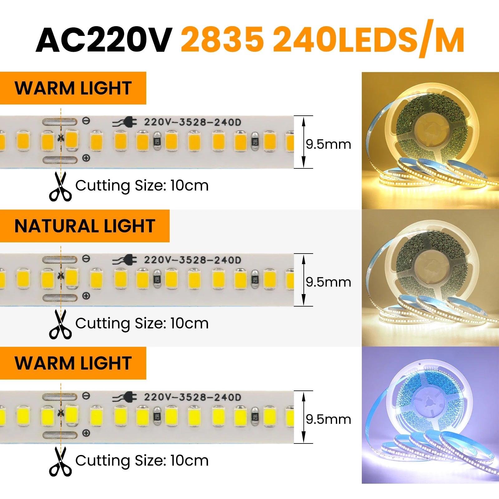 AC 220V 110V LED Strip 240Leds/M IP44 10CM Cut Home Decor Warm/Natural White Self Adhesive Flexible Ribbon Stripe Chain Light