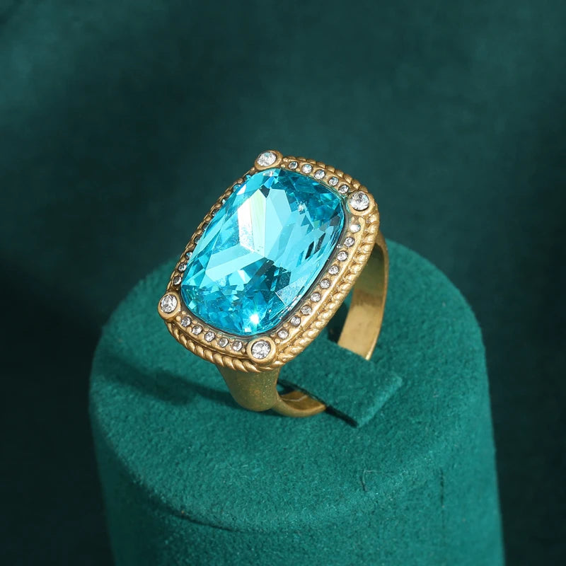 Vintage Wedding Rings for Women Round Blue Natural Oval Green Crystal Horse Eye Shape Glass Retro Pattern Gold Color Jewelry