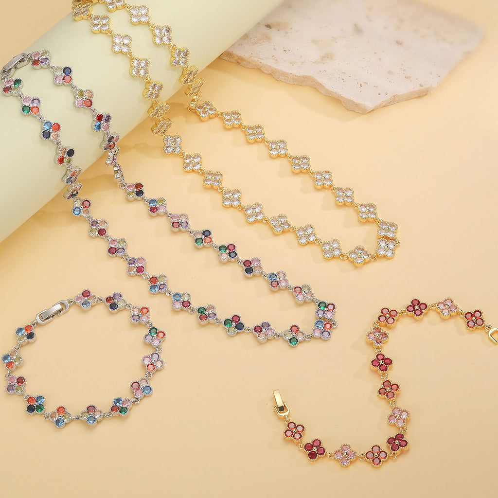 Multi-Color Women's Zircon Flower Delicate Bracelet/Necklace Rainbow Jewelry Gift Optional Mix-and-Match 1 Pcs