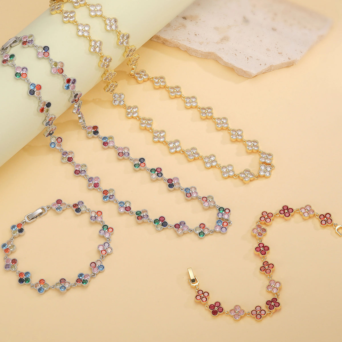 Multi-Color Women's Zircon Flower Delicate Bracelet/Necklace Rainbow Jewelry Gift Optional Mix-and-Match 1 Pcs