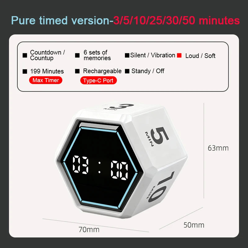 YS-1088 Productivity Flip Timer Gravity Sensor Countdown Visual Timer 6 Preset Time LED Display Cube Kitchen Timer Alarm Clock