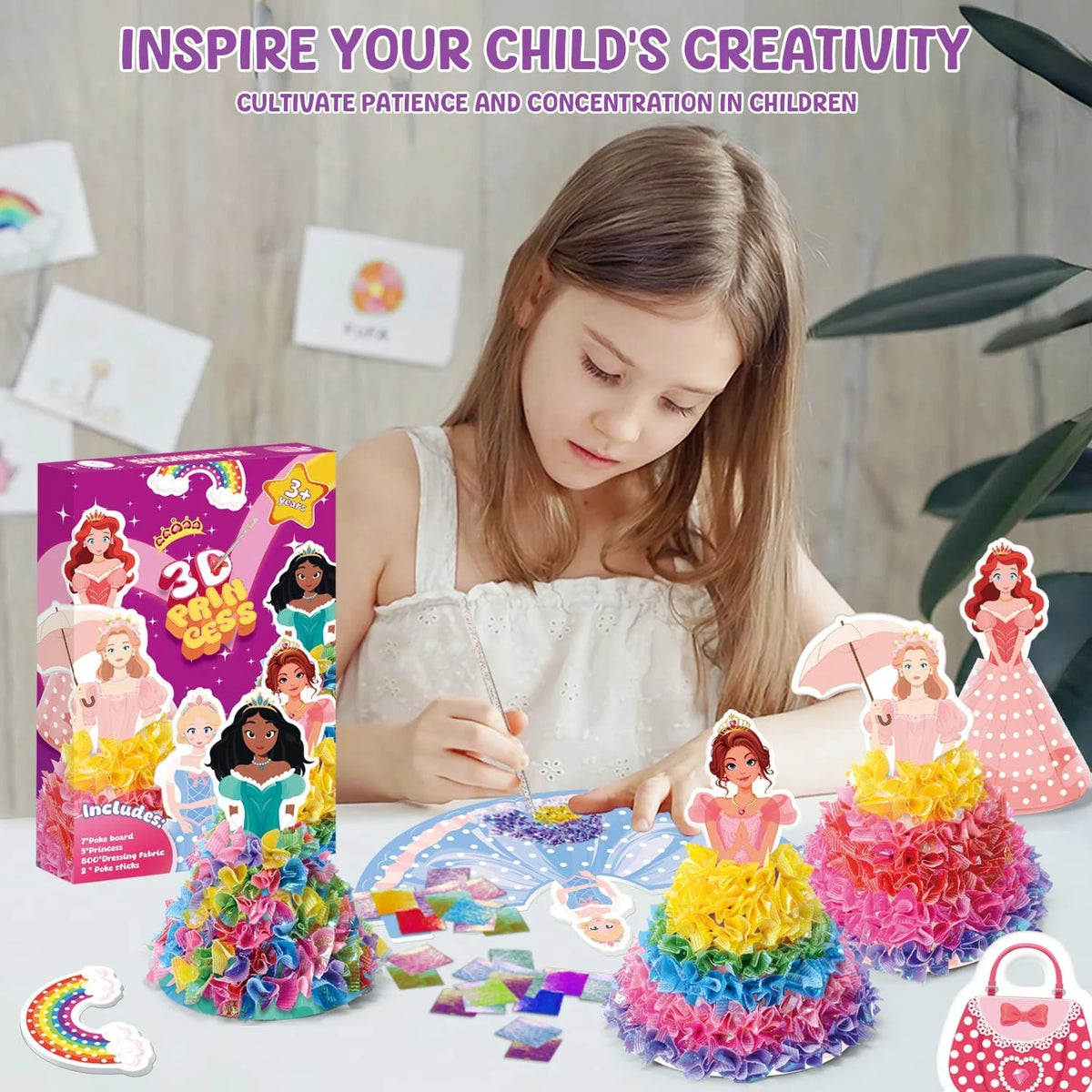 3D Princess Poke Art Craft Kit, 800Pcs Fabric Pieces DIY Poking Toy, Kids Educational Handmade Art Set Girls Birthday Gift