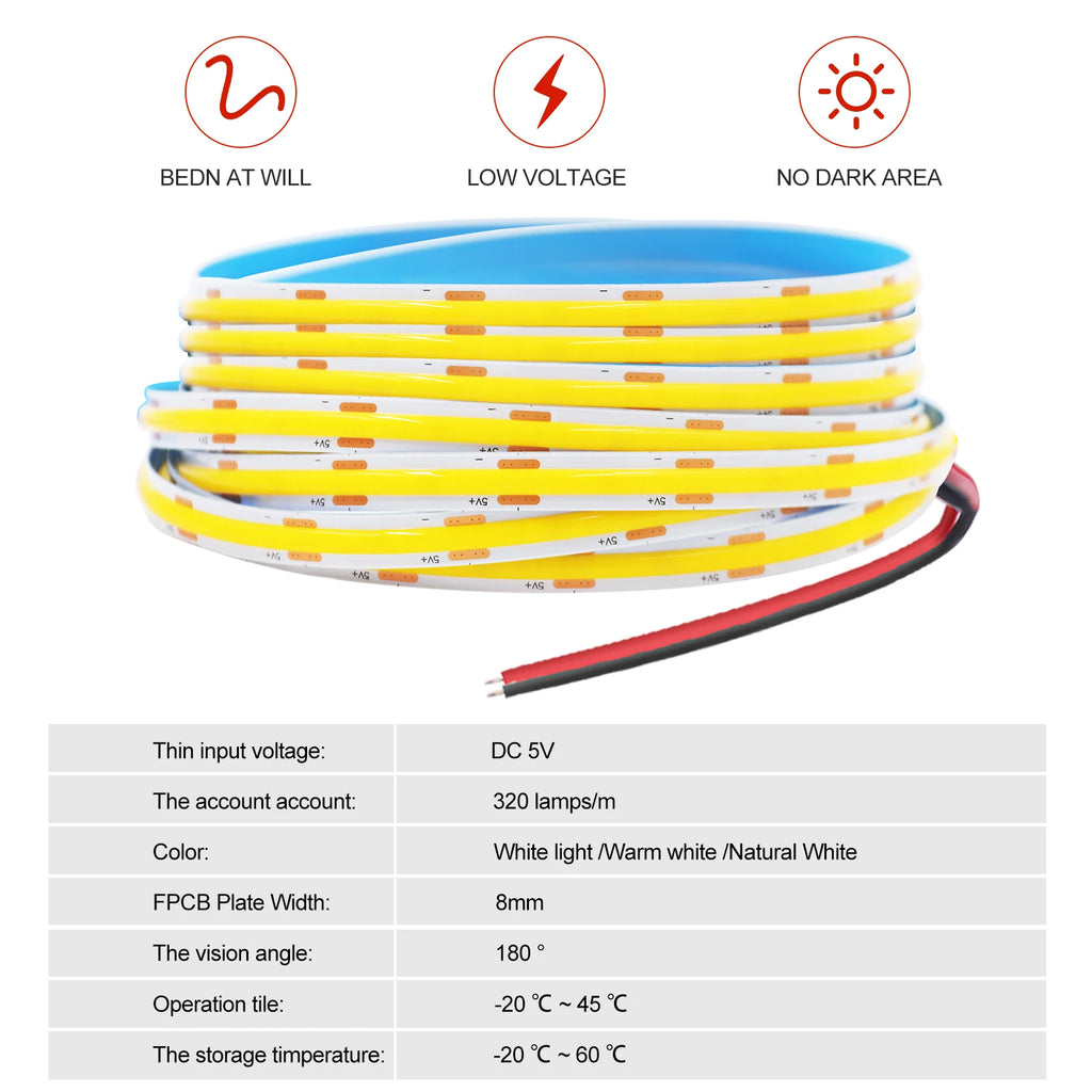 5V COB LED Strip Light 320LEDs/M Touch Sensor Dimmable USB Flexible LED Ribbon Adhesive Tape DIY Mirror TV Backlight Night Light
