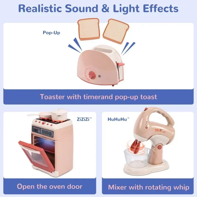 Kids Kitchen Appliances Toy Pretend Play Kitchen Accessories with Blender Coffee Maker Mixer Toaster Vacuum with Sounds & Light