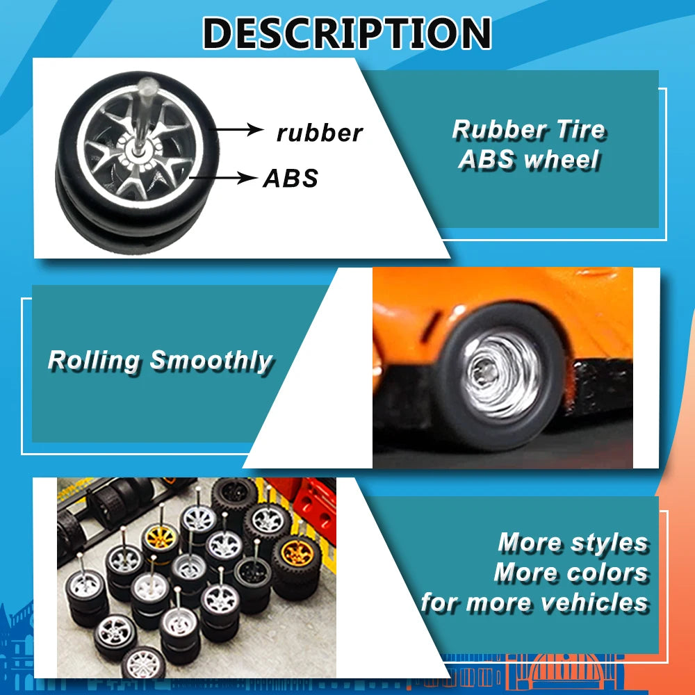 1/64 Wheels with Fixed Rubber Tires Ten Spoke for Toy Model Diecast Cars Refiting Parts for Hotwheels (5 sets for 5 Cars)