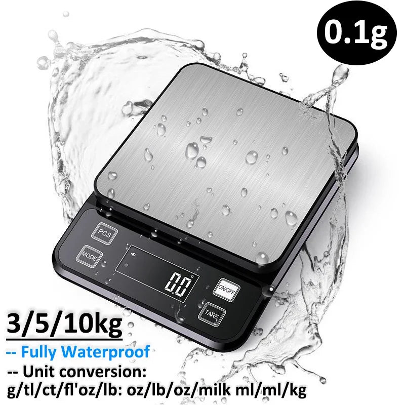 3/5/10kg 0.1g Food Scale Digital Electronic Kitchen Scale Fully Waterproof Stainless Steel Scale Food Snack Weighing Baking Tool
