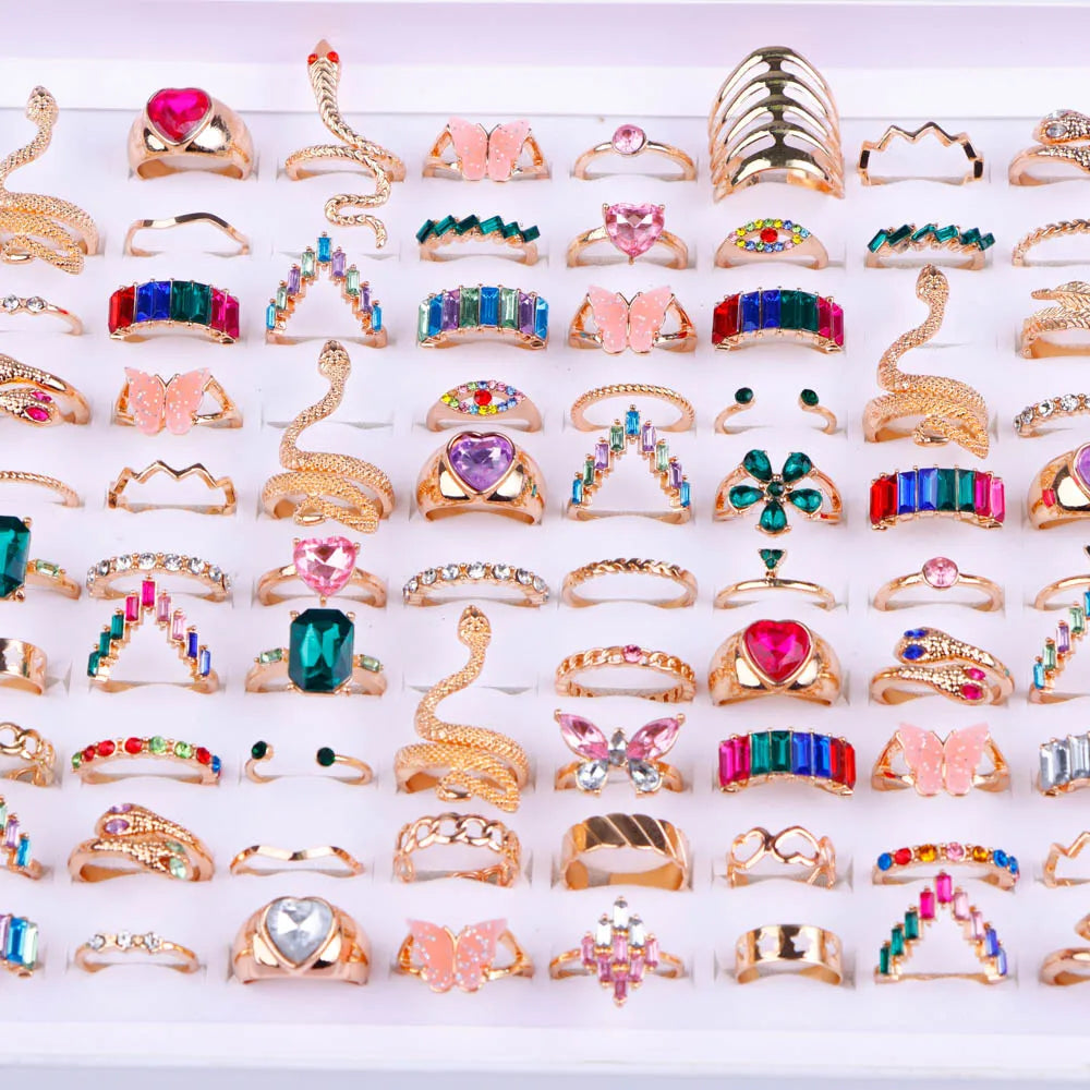 10/20/30/50/100Pcs/Lot Retro Punk Bohemian Rhinestone Carve Rings For Women Mix Style Jewelry Party Gifts Accessories Wholesale
