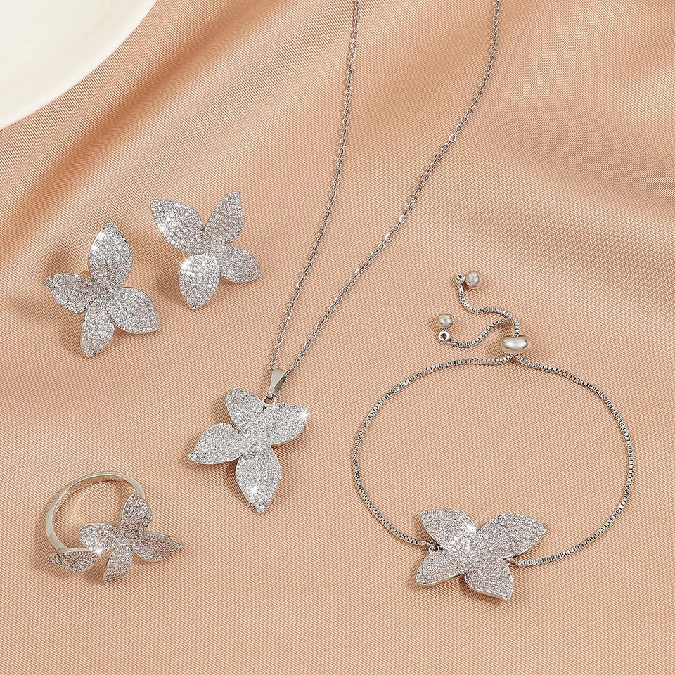 ZAKOL Luxury Micro Pave Setting Cubic Zirconia Leaf Earrings Ring Bracelet Necklace Gorgeous Dubai Jewelry Set For Dinner Party