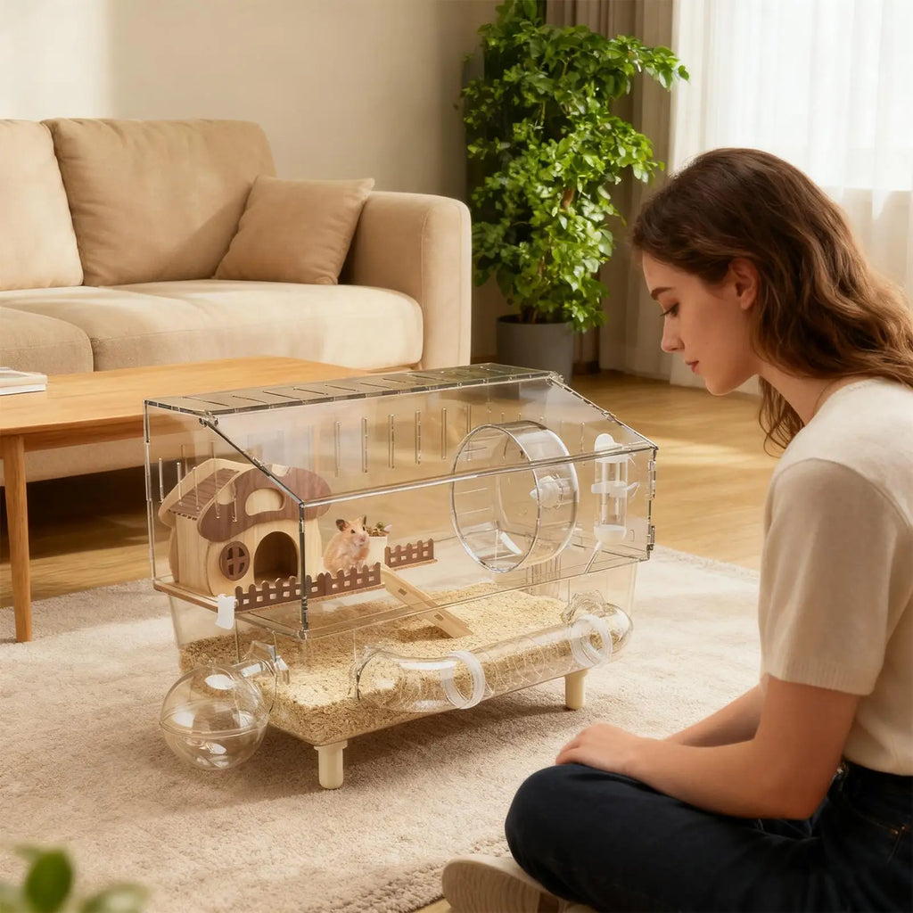 Easy Clean Transparent Double Layer Hamster Cage Large Luxury Villa Exercise Wheel Tank Habitat Spacious House For Small Rodents