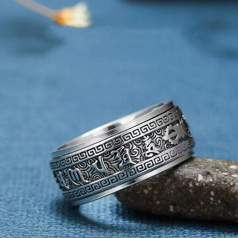 Factory Price S925 Sterling Silver Craft Mens Rings Rotable Stereoscopic Vintage Glossy Six-character Mantra Jewelry Gift