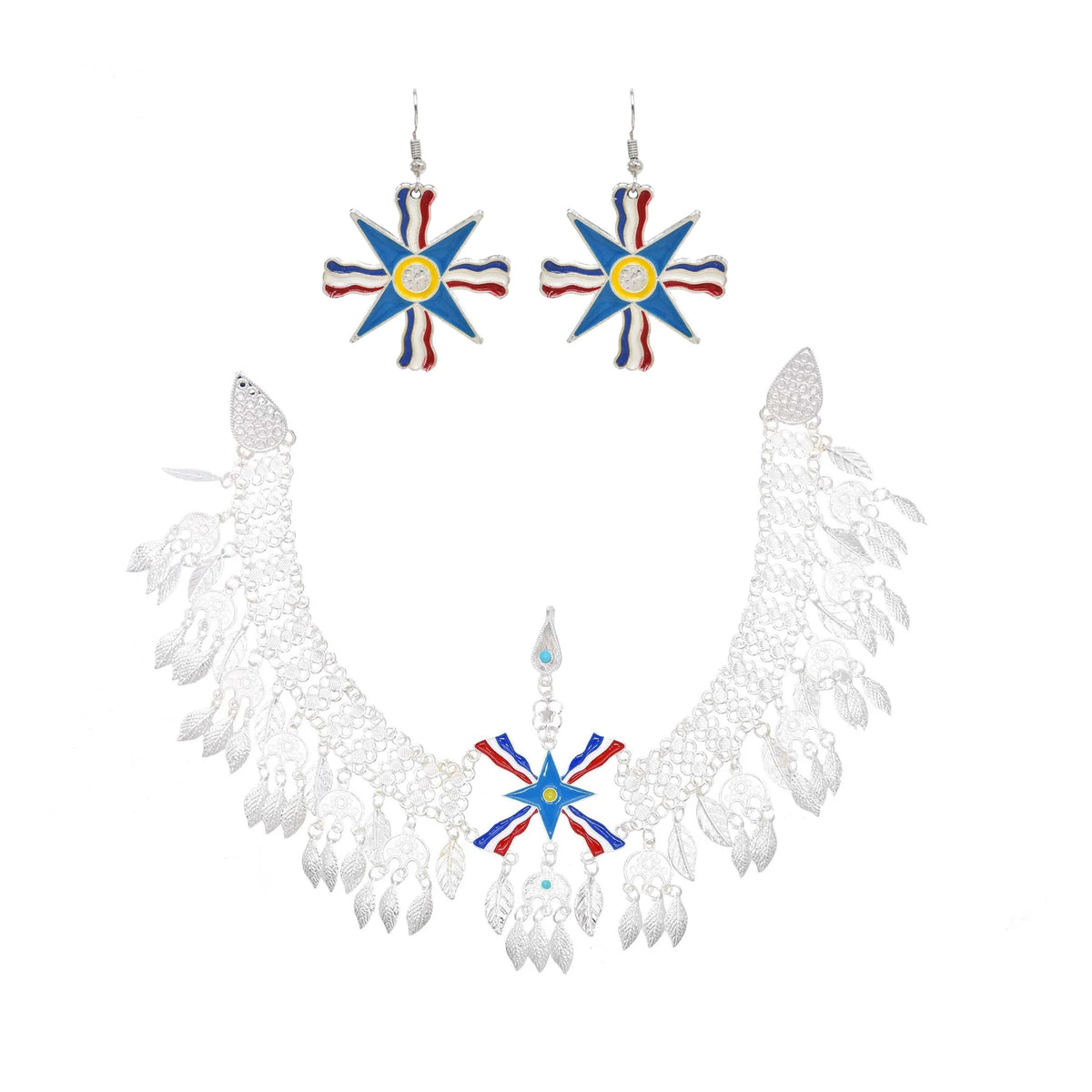 Silver Plated Assyrian Belt Hair Accessories Earrings for Women Kurdish Assyria Ethnic Colorful Flag Leaf Tassel Jewelry Sets