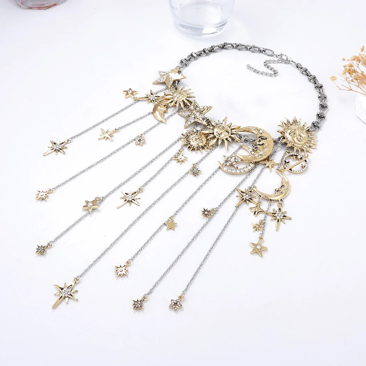 Metal Stars Moon Waterfall Tassels Pendant Necklaces for Women Vintage Statement Jewelry Holiday Party Gifts
