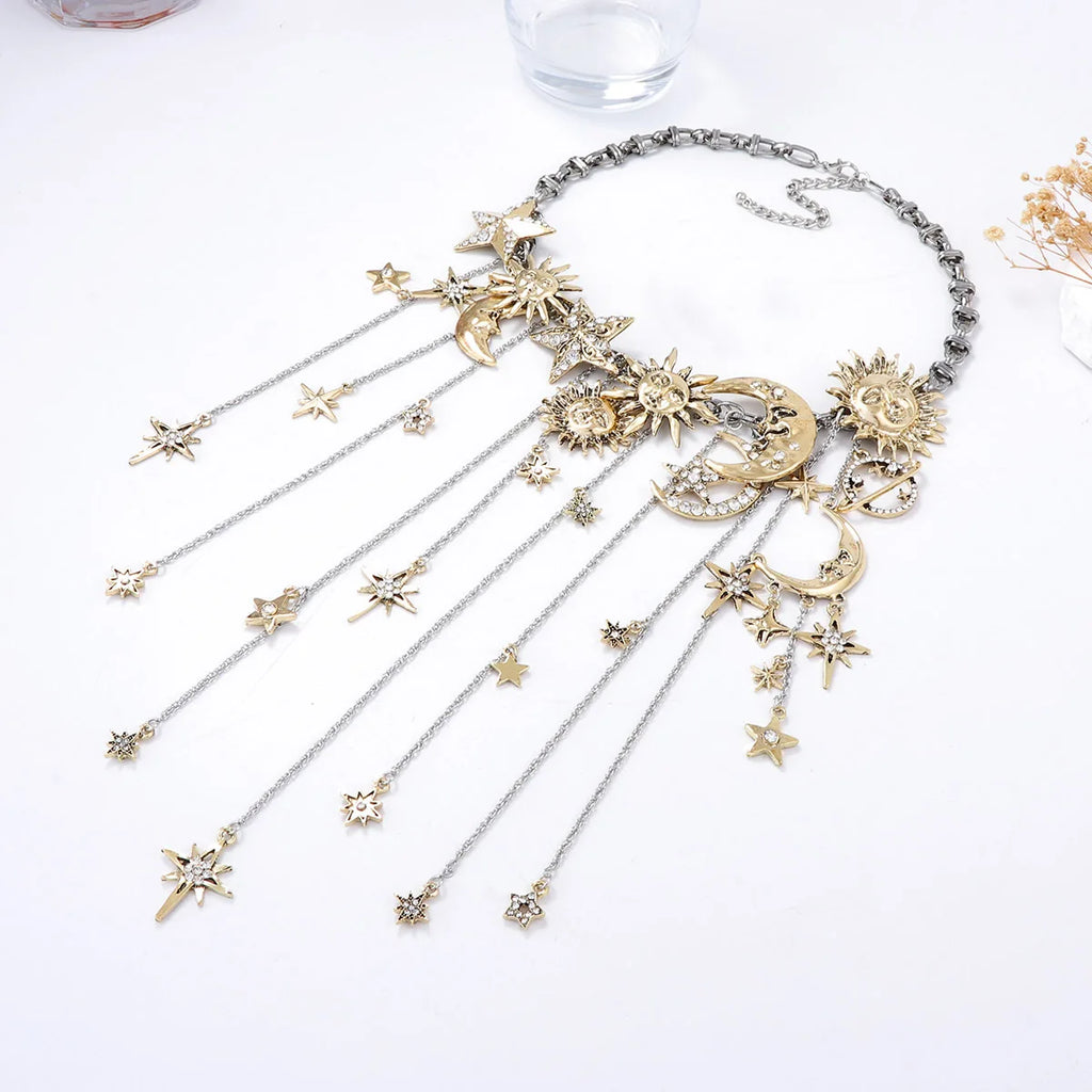 Metal Stars Moon Waterfall Tassels Pendant Necklaces for Women Vintage Statement Jewelry Holiday Party Gifts