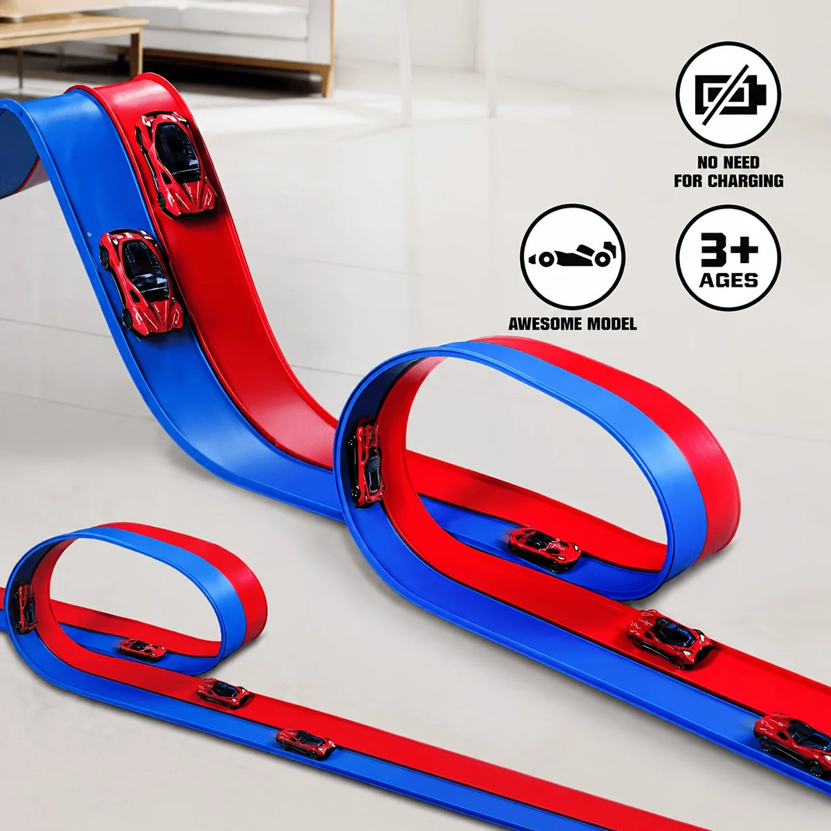 Dual Mode Racing Track Toy with 4 Alloy Pull Back Cars, Flexible Suction Cup Track, Halloween & Christmas Gift for