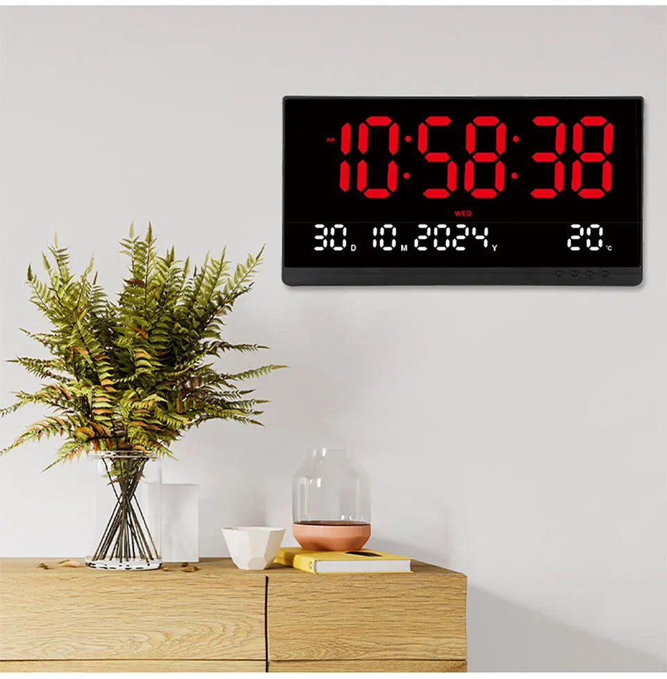 21 Inch Large Digital Wall Clock USB Powered Time Calendar 12/24H Time/Day/Month/Year/Temp Display Electronic LED Alarm Clock