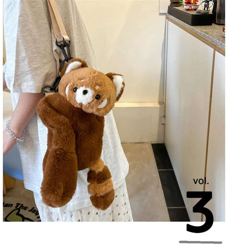 Red Panda Plush Backpack Cute Plushie Doll Women Crossbody Fur Soft Shoulder Bag for Camping Travel Party Female Birthday Gift