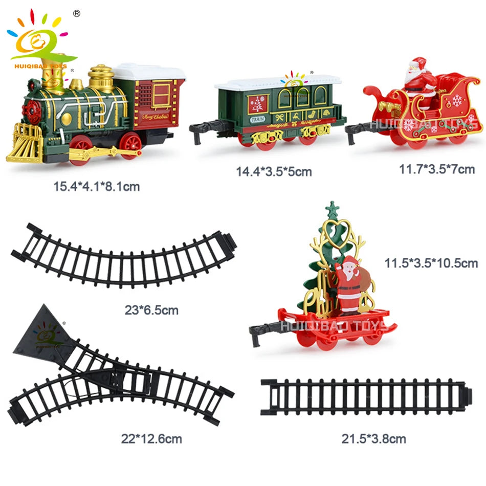 HUIQIBAO Christmas Tree Electric Train Tracks Set Santa Claus Cargo Cars With Xmas Sounds Lights Toys For Adult New Year Gift